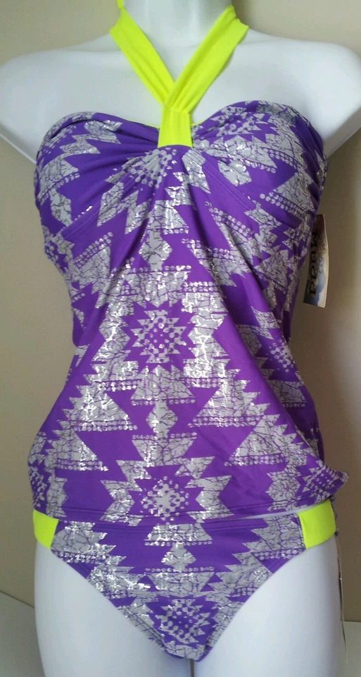 Mudd Swimsuit 2 Piece Tankini Bandeaukini Purple Gray Set Top Bottom Size S - Image 1 of 3