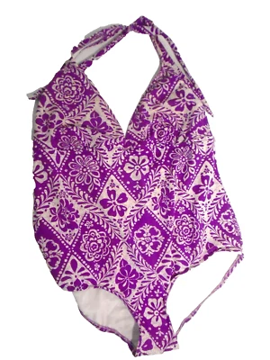 De Colección Catalina Talla 1X (16W) Una Pieza Púrpura/Blanco Traje de Baño Halter Top Acolchado Foto 1 de 4