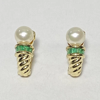 IPS Imperial Pearl Syndicate 14K Yellow Gold Emerald Accent Huggie Earrings 6.3g - Image 1 of 4