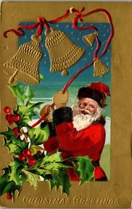 Vintage Christmas Postcard Santa Joyful Santa Ringing Gold Bells Posted 1913 - Picture 1 of 3