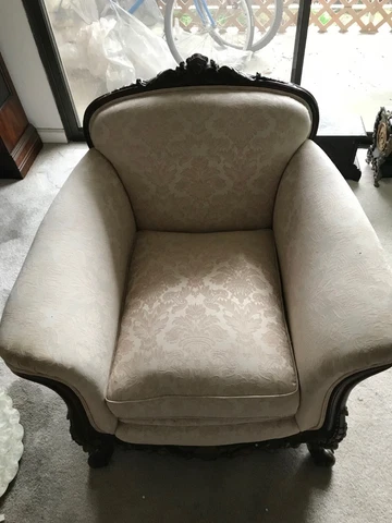 ANTIQUE ROLL ARM CHAIR WITH WALNUT AND GOLD LEAF Cover