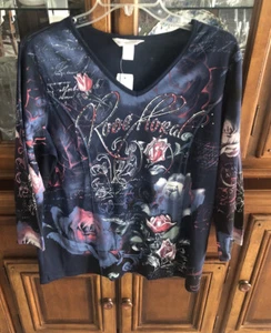 CJ Banks 3/4 SLV XL Cotton Top T-Shirt Rose Theme Blue Multi Print Bling NWT  - Picture 1 of 17