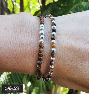 Juego de 2 pulseras elásticas apilables de plata de ley con ojo de tigre. - Imagen 1 de 8