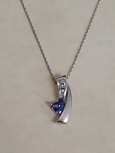 Beautiful Pendant W 18" Necklace Diamonds W Tanzanite 10K White Gold 2.1g - Picture 1 of 10