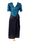 Vintage Women 80s Blue Sequins Black Satin Party Wrap Dress Size 10 12 Retro