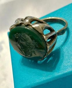 BIG Carved Intaglio Soldier GREEN ONYX Sterling Silver 900 Chunky Men’s Ring 8 - Picture 1 of 2