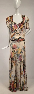 ВИНТАЖНЫЙ 1940-Х ДЛИННЫЙ ЧИСТЫЙ ЦВЕТОЧНЫЙ ПРИНТ ВИСКОЗЫ ШИФОНОВОЕ ПЛАТЬЕ W ДРАПИРОВАННЫЙ ТОП - Изображение 1 из 4