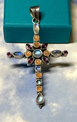 Collar Colgante Nicky Butler NB Plata Esterlina CRUZ Melocotón Piedra Lunar Granate Foto 1 de 2