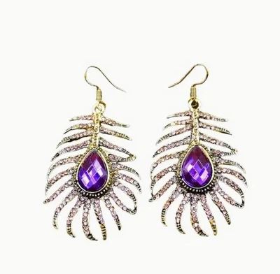 Betsey Johnson Gold Tone Feather Earrings with Purple Rhinestones - Image 1 of 2