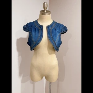 Derek Heart Women's Blue Bow Sleeve Cropped Denim Vest Bolero Size L - Picture 1 of 9