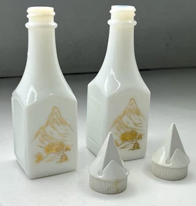 Set Of 2 Vintage Milkglass White Liquor Bottle Decanter with Lids Gold Mountains - Picture 1 of 23