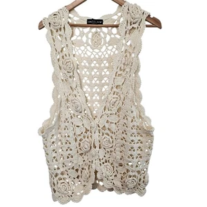 Vintage Häkel Weste Damen groß weiß Blumen Landhaus Fee Festival 90er Boho - Bild 1 von 9