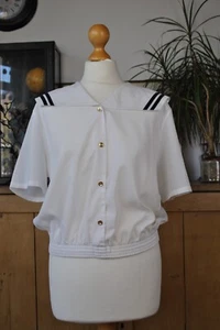 Vintage Choices weiße marine Bluse - Kragen, Kurzarm, Größe 14 - Bild 1 von 14