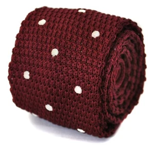 Corbata de seda tejida Frederick Thomas para hombre - granate borgoña rojo y blanco lunares - Imagen 1 de 3