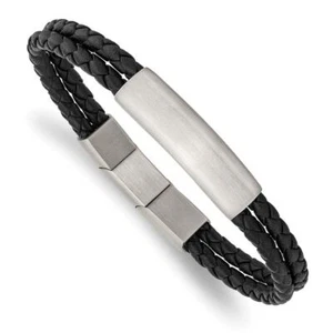 Stainless Steel Braided Black Multi Strand Extenstion Chain Leather Bracelet - Picture 1 of 12