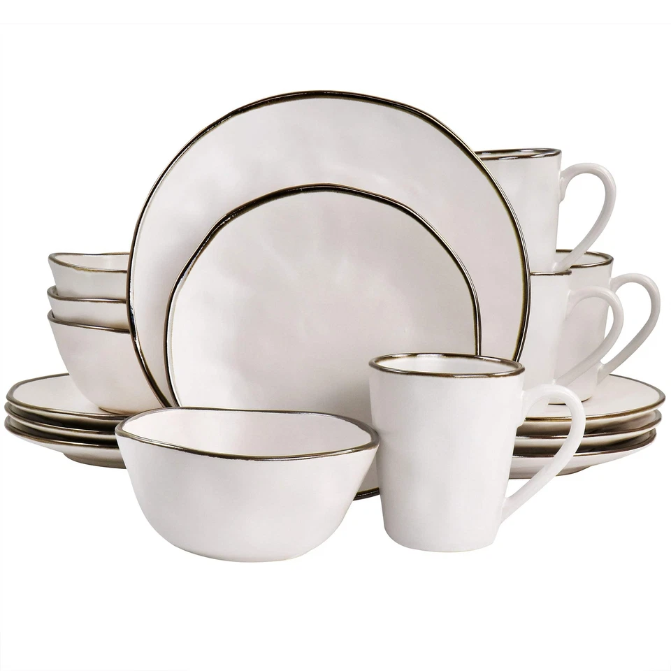 Elama Modern 16 pc Stoneware Dinnerware Set in Matte White w Gold Rim - Image 1 of 1