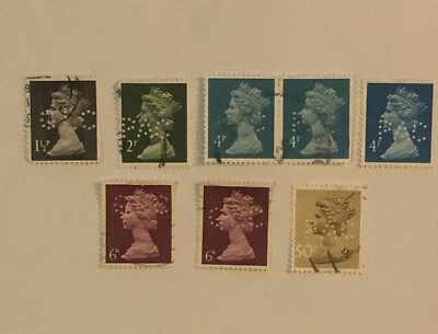 Stamps Great Britain  Lot of 8  QE Machins with perf cancellation, see details. - Image 1 of 4