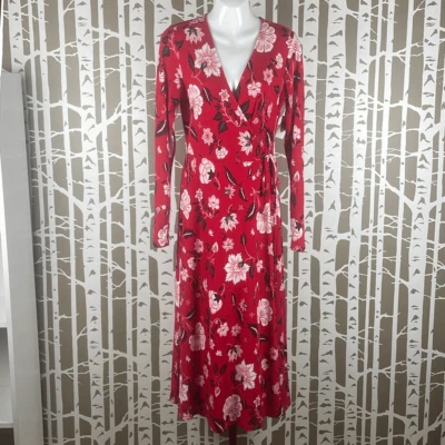 Old Navy Long Sleeve Knit True Wrap Midi Dress Red Floral NEW S Tall - Image 1 of 4