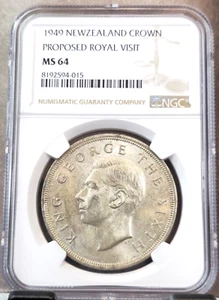1949 NEW ZEALAND SILVER 1 CROWN FERN LEAF GEORGE VI NGC MS 64 SCARCE BU COIN - Picture 1 of 3