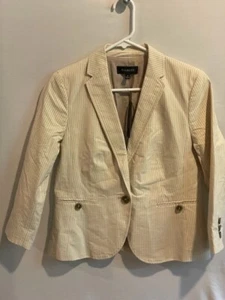 Talbots Ivory Khaki Striped Blazer Jacket Sz 4 Single Button 3/4 Sleeve Pockets - Picture 1 of 3