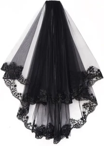 Velo Da Sposa in Pizzo Nero, a 2 Livelli, Stile Gotico, Velo Da Sposa, per Feste - Foto 1 di 12