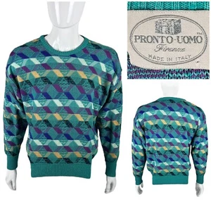Pronto Uomo Herren Medium Pullover Opa Biggie Cosby 3D Vintage Grün Geometrisch - Bild 1 von 12