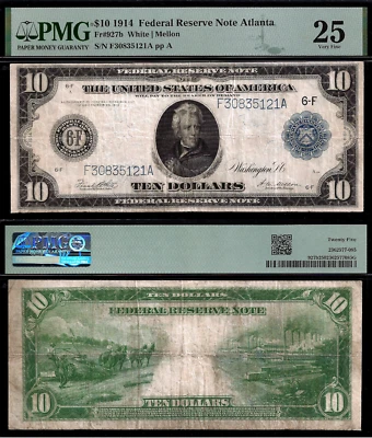 1914 $10 Federal Reserve Note PMG 25 - Atlanta White-Mellon Fr 927b - Image 1 of 3