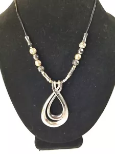 Necklace Beaded Silver Black Tone Double Pendant Black Cord Extender - Picture 1 of 6