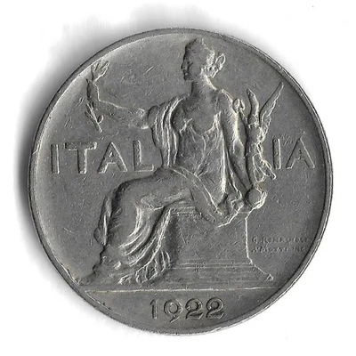 1922 年意大利 1 里拉世界硬币 - KM# 62 — 第 1/2 张图片