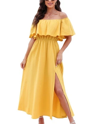 Maxi Vestido para Mujer CUPSHE Floral Volantes Hombro Descubierto Espalda Sin Abertura Playa Amarillo  Foto 1 de 4