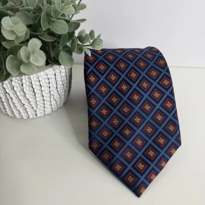 NWOT Henry Jacobson Men’s Silk Necktie Diamond Print Navy Red Gold 3 7/8” x 61” - Image 1 of 4