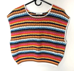 Marine Lagenlook Häkel Pullover Damen M Regenbogen Streifen ärmellos kastig Strick - Bild 1 von 7