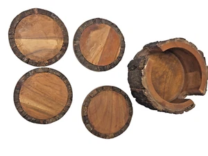Juego de 4 posavasos de madera rústicos primitivos borde vivo con soporte - Imagen 1 de 11