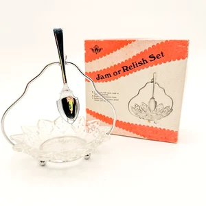 Vintage Jam Relish Set Original Box Sheffield England Chrome Glass with Spoon - Picture 1 of 8