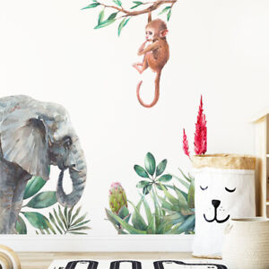 Elephant Monkey Safari Nursery Wall Art Corner Decal Sticker Green Leaves 