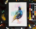 Peinture originale à l'aquarelle étourneau, portrait d'oiseau coloré illustration art