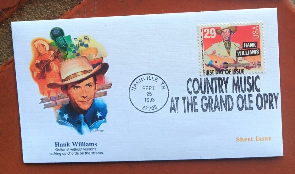 HANK WILLIAMS LEGEND OF COUNTRY MUSIC 1993 NASHVILLE FLEETWOOD CACHET FDC SHEET - Image 1 of 1