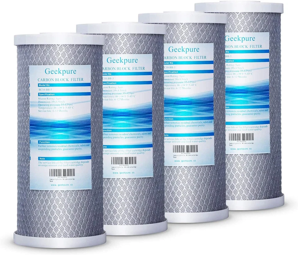 Geekpure 4 Pack Carbon Block Replacement Water Filter 4.5" x 10" - 5 Mic - Image 1 of 4