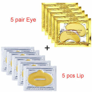 5 Pair Eye & 5 Lip Masks Crystal Collagen 24k Gold Gel Face Anti Aging Wrinkle 