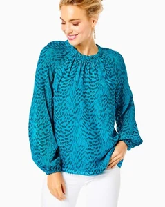 NWT $198 Lilly Pulitzer Caline Metallic Silk Top Teal Bay Silk Swirl Clip L - Picture 1 of 5