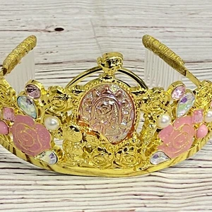 Disney Princess Belle Tiara Crown Gold Tone Metal Pearls Rhinestones Roses - Picture 1 of 15