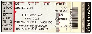 APRIL 9, 2013 USED TICKET FLEETWOOD MAC, LIVE 2013 VERIZON CENTER D.C. - Picture 1 of 2