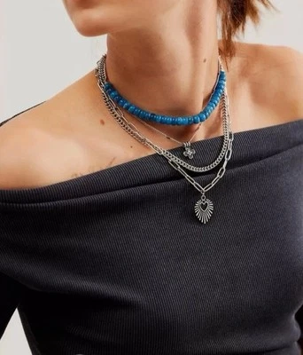 Collar Bohemio En Capas Corazón Sol Mujer Joyería Plata Y Azul Cuentas Foto 1 de 4
