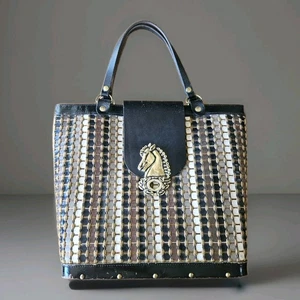 Vintage Collins of Texas scatola borsa testa di cavallo tessuto bordo in pelle western - Foto 1 di 12