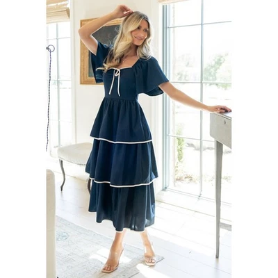 Vestido Baltic Born Nuevo sin Etiquetas Madrid en Niveles Azul Marino Midi Cuello Cuadrado Cottagecore S Foto 1 de 4