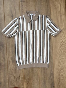 REISS, Mens Size M, Beige/White/Black Striped, Zip Neck, Knitted Polo Shirt - Picture 1 of 5