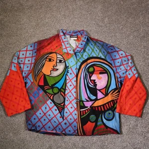 Vintage Dilemma Mantel Damen groß abstrakt Picasso Kunstdruck Knopfleiste 90er Seide - Bild 1 von 10