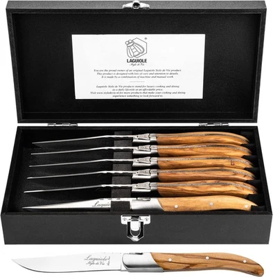Laguiole Style de Vie Steak Knives, Luxury Line, 6 pieces, Olive Wood, in gif... - Image 1 of 4