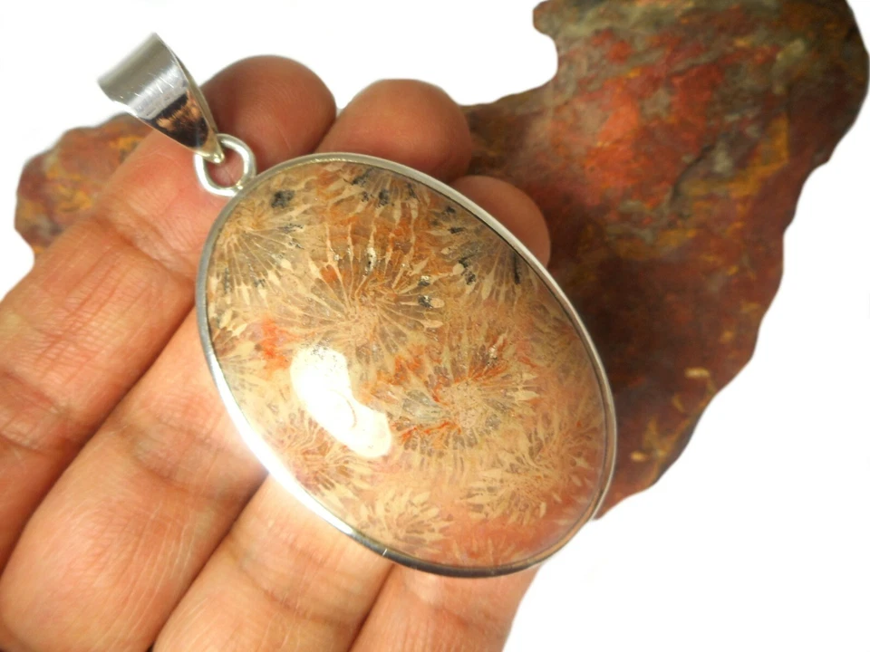 Large Oval Fossilized  CORAL  Sterling  Silver  925  Gemstone  Pendant - Image 1 of 4