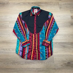 Vintage Shirt Mens Extra Large Black Pearl Snap Aztec Cowboy Western Multicolor - Picture 1 of 10